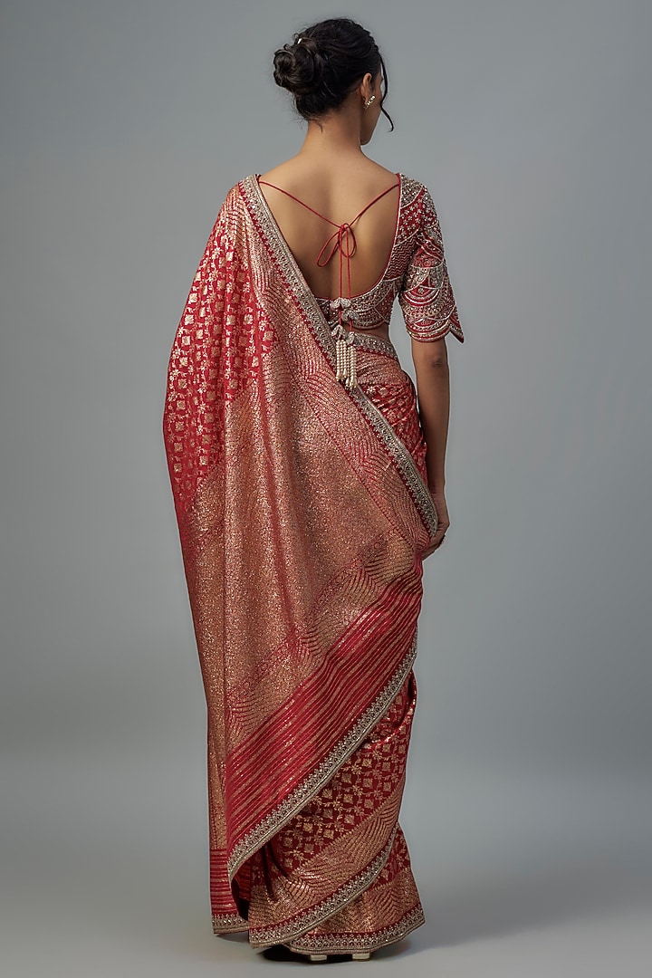 Red Woven Silk Zardosi Embroidered Banarasi Bridal Saree Set by Jayanti Reddy at Pernia's Pop Up Shop