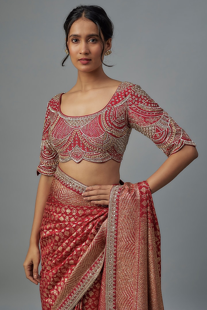 Red Woven Silk Zardosi Embroidered Banarasi Bridal Saree Set by Jayanti Reddy at Pernia's Pop Up Shop