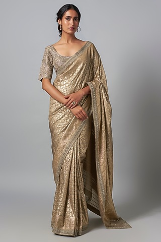 Peach Woven Silk Banarasi Saree Set by Jayanti Reddy