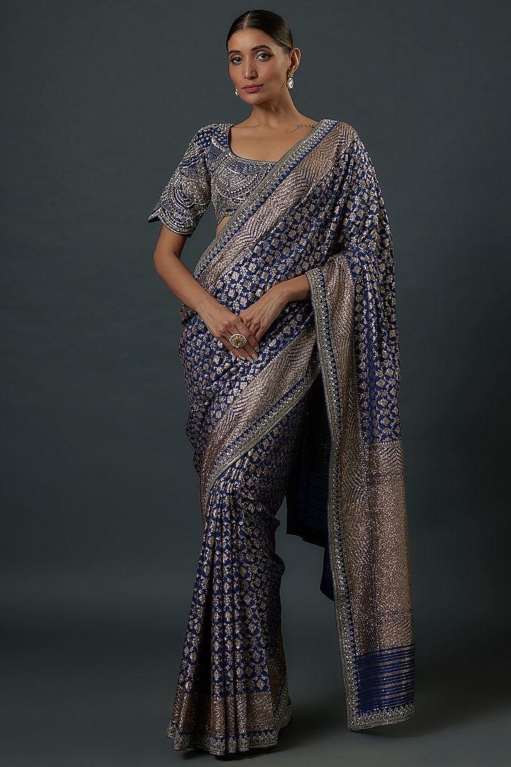 Blue Silk Embroidered Banarasi Bridal Saree Set by Jayanti Reddy at Pernia's Pop Up Shop