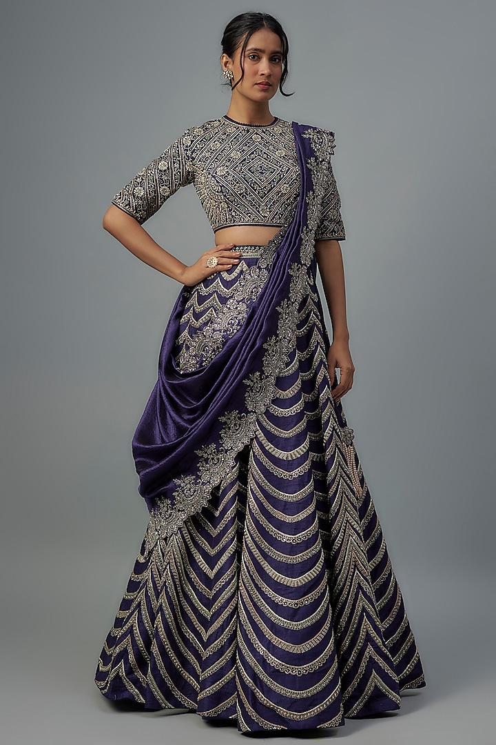 Purple Raw Silk Zardosi Embroidered Bridal Lehenga Set by Jayanti Reddy at Pernia's Pop Up Shop