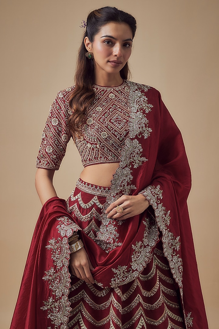 Red Raw Silk Zardosi Embroidered Bridal Lehenga Set by Jayanti Reddy at Pernia's Pop Up Shop