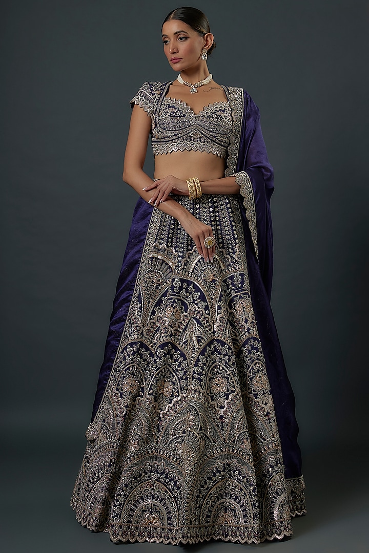 Purple Raw Silk Zardosi Embroidered Bridal Lehenga Set by Jayanti Reddy at Pernia's Pop Up Shop