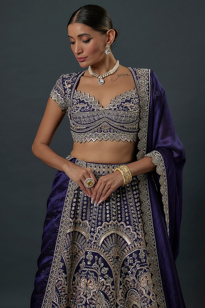 Purple Raw Silk Zardosi Embroidered Bridal Lehenga Set by Jayanti Reddy at Pernia's Pop Up Shop