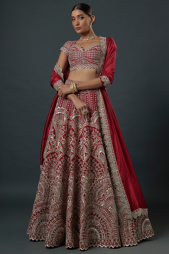 Red Raw Silk Zardosi Embroidered Bridal Lehenga Set by Jayanti Reddy at Pernia's Pop Up Shop