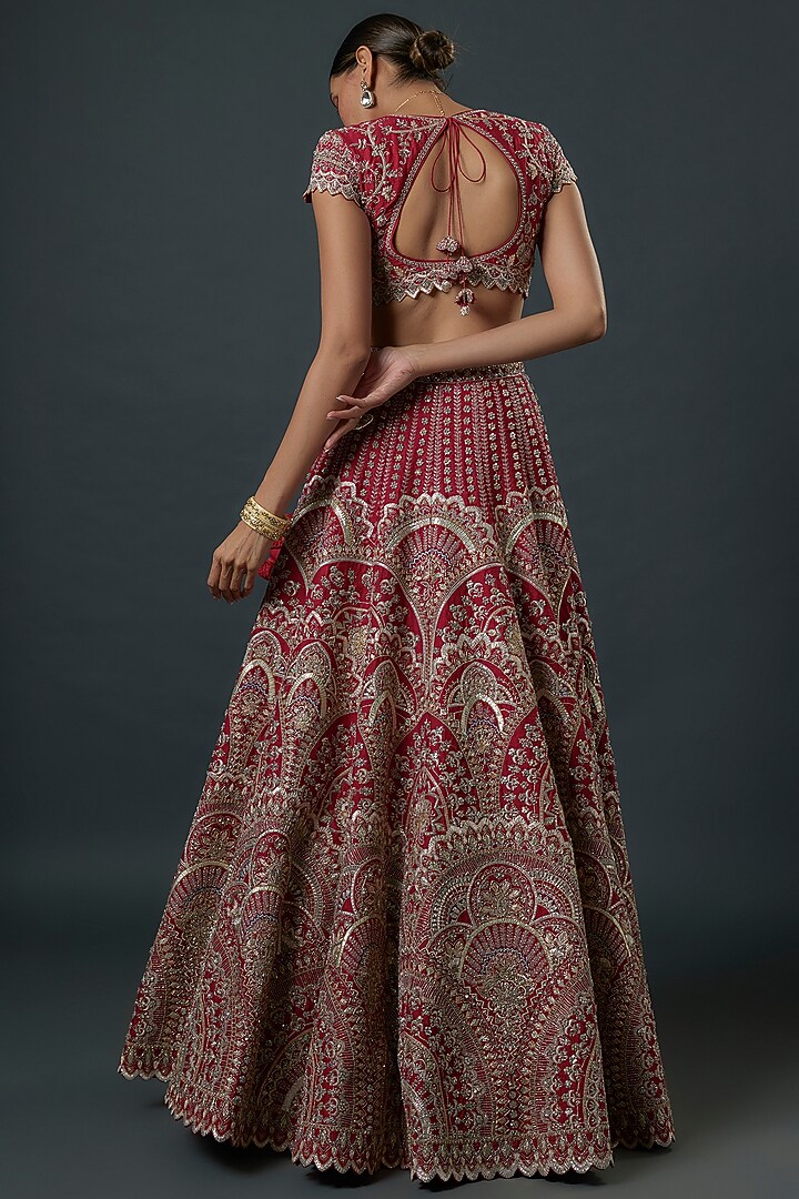 Red Raw Silk Zardosi Embroidered Bridal Lehenga Set by Jayanti Reddy at Pernia's Pop Up Shop