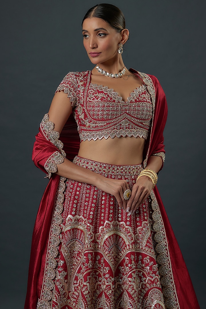 Red Raw Silk Zardosi Embroidered Bridal Lehenga Set by Jayanti Reddy at Pernia's Pop Up Shop