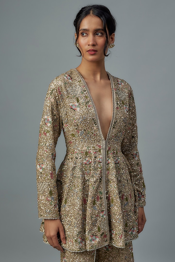 Beige Georgette Zardosi Embroidered Bridal Sharara Set by Jayanti Reddy at Pernia's Pop Up Shop