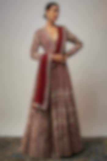 Red Raw Silk Zardosi Embroidered Bridal Anarkali With Dupatta by Jayanti Reddy at Pernia's Pop Up Shop