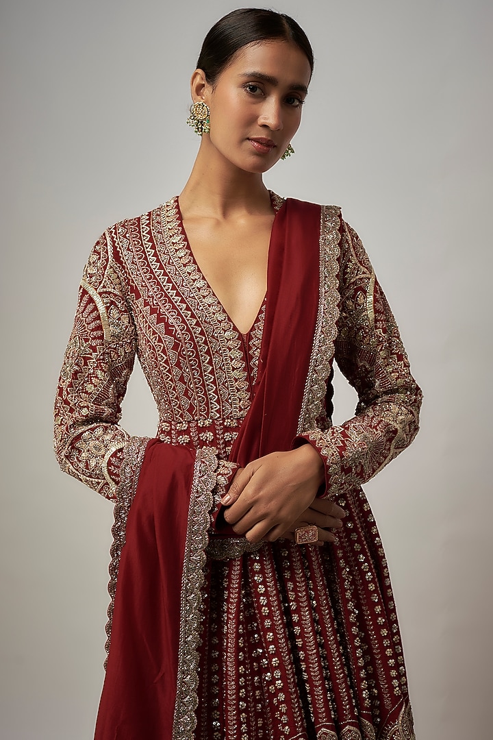 Red Raw Silk Zardosi Embroidered Bridal Anarkali With Dupatta by Jayanti Reddy at Pernia's Pop Up Shop