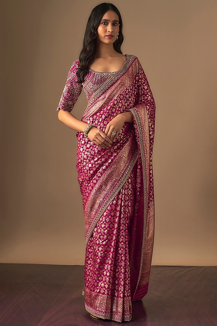 Red Silk Zardosi Embroidered Banarasi Saree Set by Jayanti Reddy at Pernia's Pop Up Shop