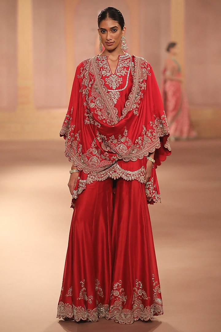 Red Chiniya Silk Zari Embroidered Sharara Set by Jayanti Reddy at Pernia's Pop Up Shop