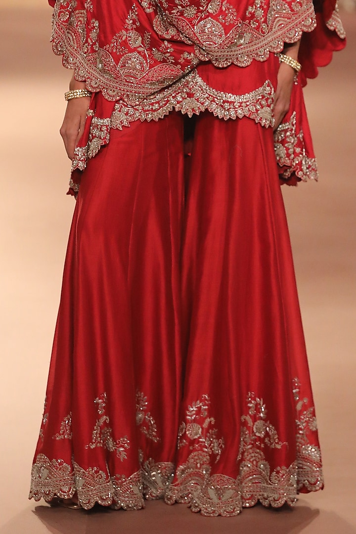 Red Chiniya Silk Zari Embroidered Bridal Sharara Set by Jayanti Reddy at Pernia's Pop Up Shop