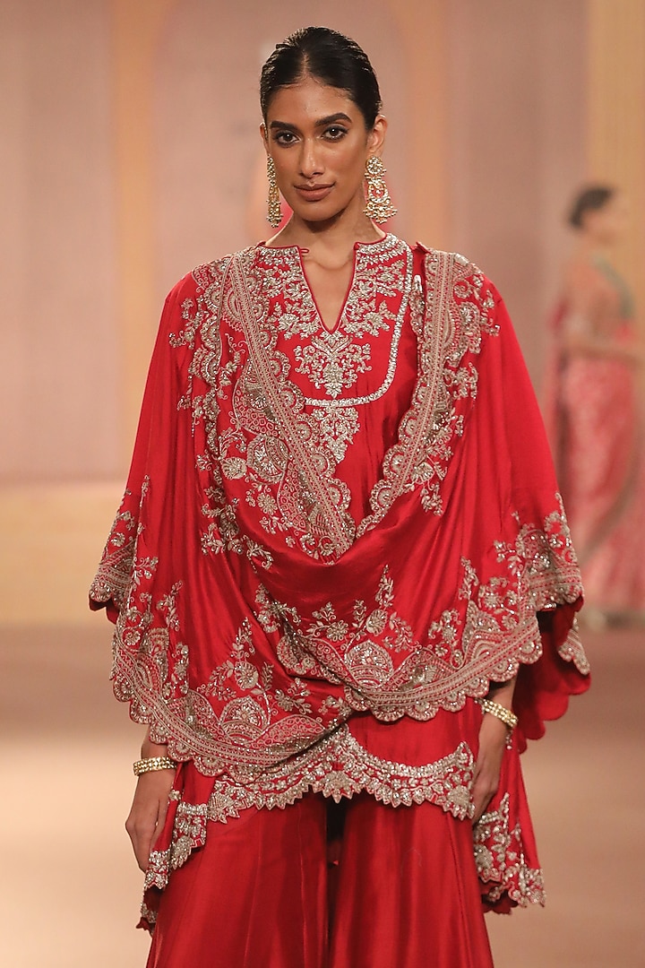 Red Chiniya Silk Zari Embroidered Bridal Sharara Set by Jayanti Reddy at Pernia's Pop Up Shop