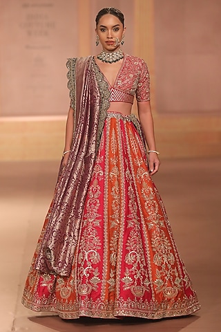 Rani Pink & Rust Raw Silk Zari Embroidered Lehenga Set by Jayanti Reddy