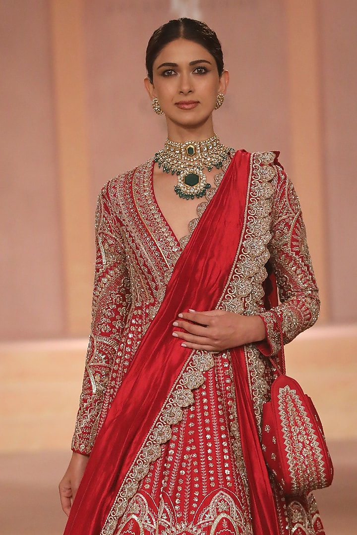 Red Organza Zari Embroidered Bridal Anarkali Set by Jayanti Reddy at Pernia's Pop Up Shop