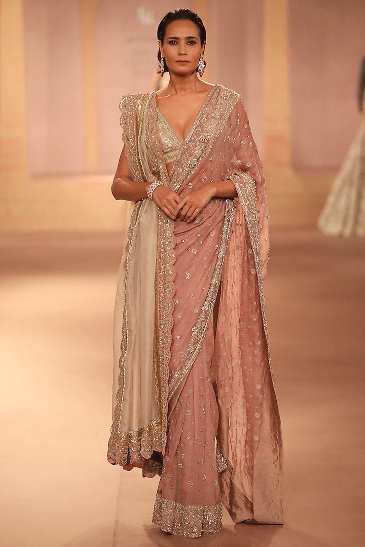Peach Organza Zari Embroidered Bridal Saree Set by Jayanti Reddy at Pernia's Pop Up Shop