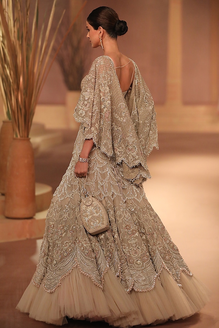 Beige Organza Cutdana Embroidered Jacket Bridal Lehenga Set by Jayanti Reddy at Pernia's Pop Up Shop