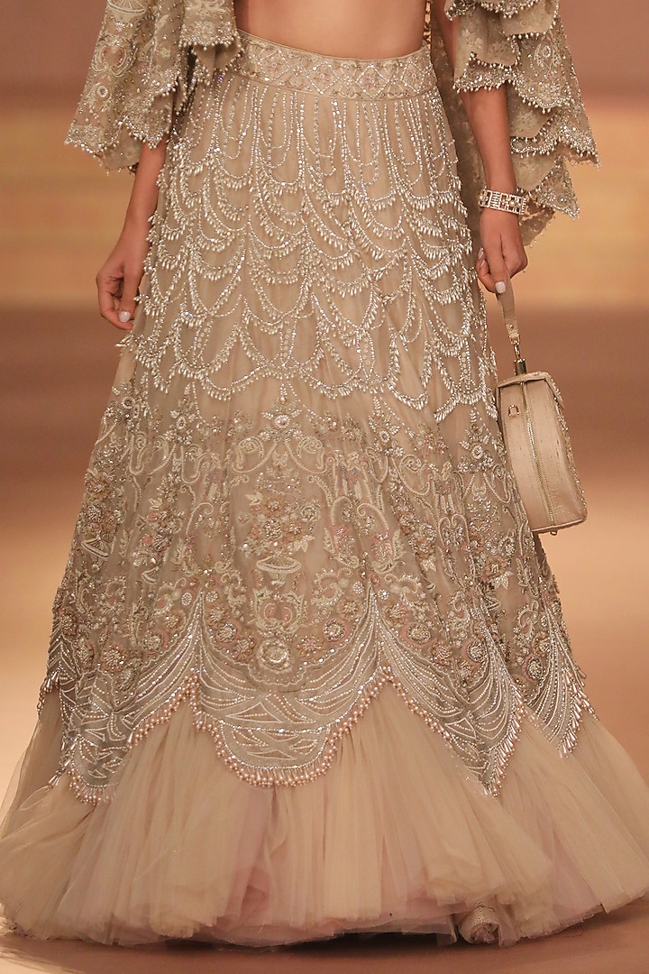 Beige Organza Cutdana Embroidered Jacket Bridal Lehenga Set by Jayanti Reddy at Pernia's Pop Up Shop