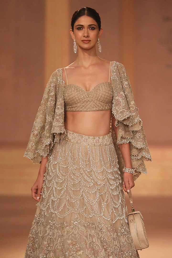 Beige Organza Cutdana Embroidered Jacket Bridal Lehenga Set by Jayanti Reddy at Pernia's Pop Up Shop