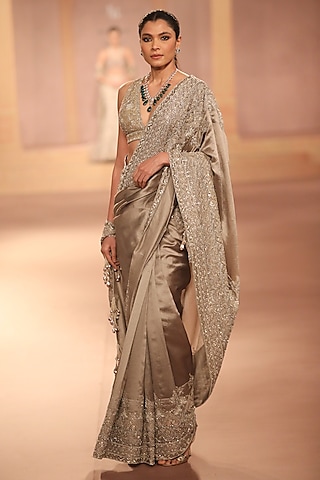 Gold Kora Dupion Gota Embroidered Saree Set by Jayanti Reddy