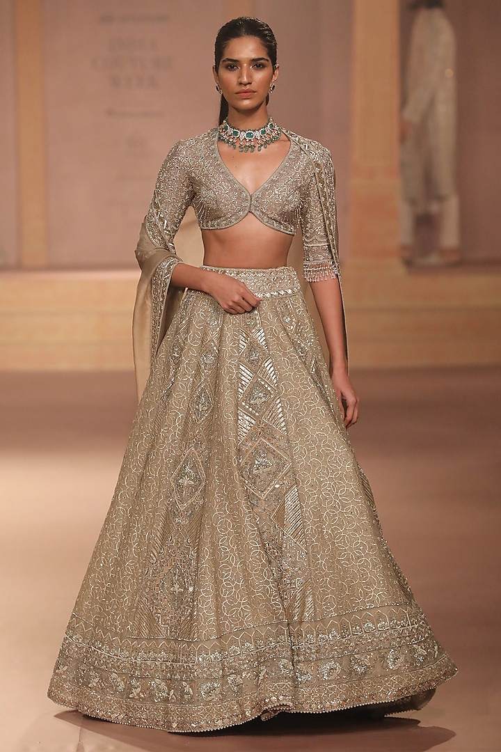 Beige & Gold Organza Gota Embroidered Bridal Lehenga Set by Jayanti Reddy at Pernia's Pop Up Shop