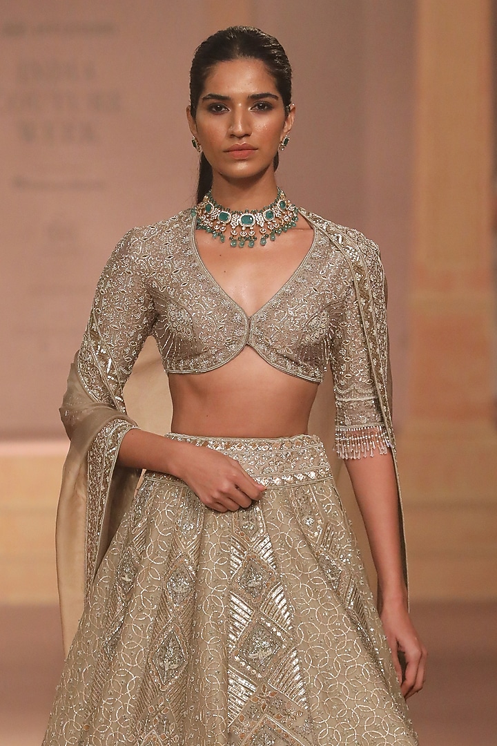 Beige & Gold Organza Gota Embroidered Bridal Lehenga Set by Jayanti Reddy at Pernia's Pop Up Shop