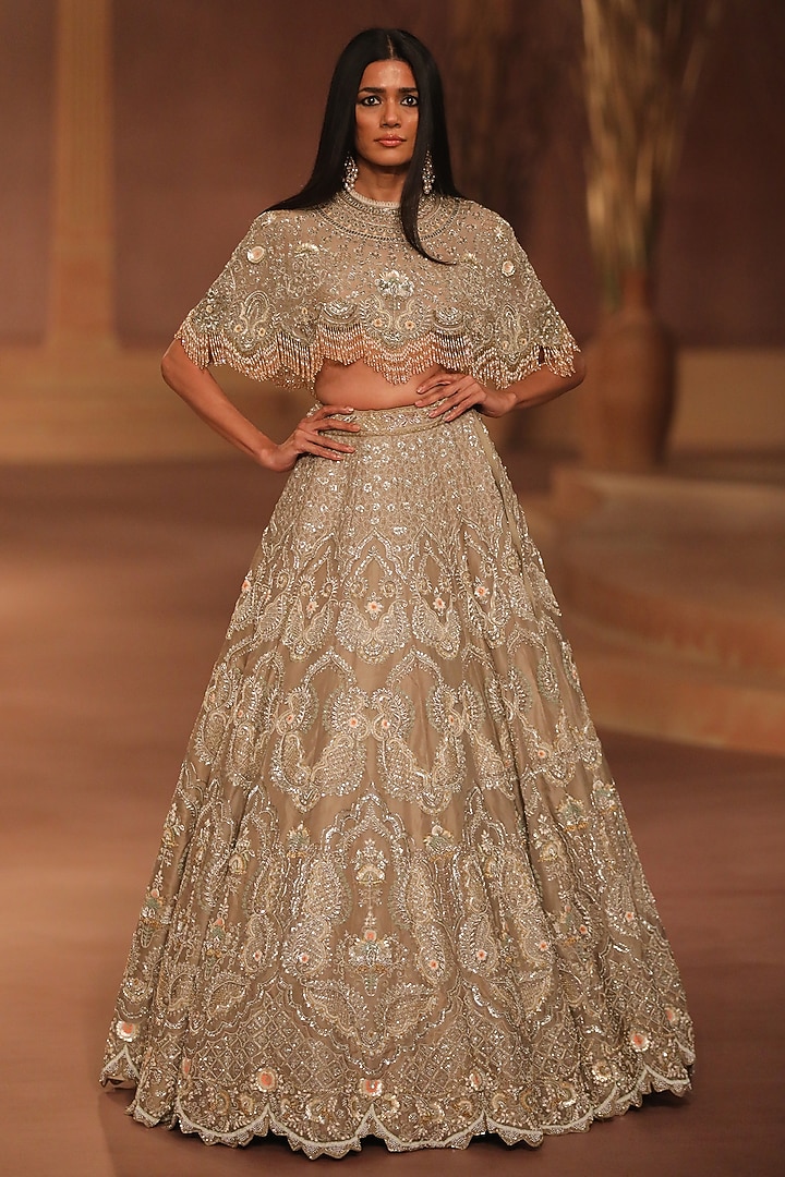 Beige & Gold Organza Cutdana Embroidered Bridal Lehenga Set by Jayanti Reddy at Pernia's Pop Up Shop