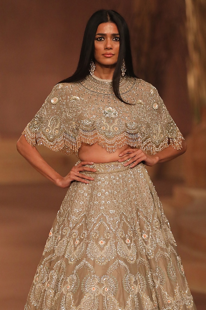 Beige & Gold Organza Cutdana Embroidered Bridal Lehenga Set by Jayanti Reddy at Pernia's Pop Up Shop