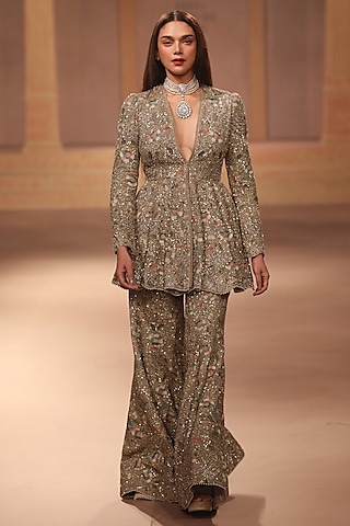 Beige & Gold Georgette Sequins Embroidered Sharara Set by Jayanti Reddy