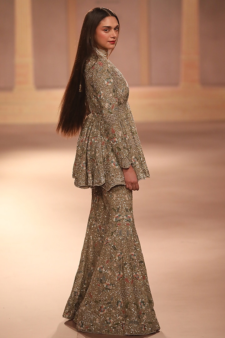 Beige & Gold Georgette Sequins Embroidered Bridal Sharara Set by Jayanti Reddy at Pernia's Pop Up Shop
