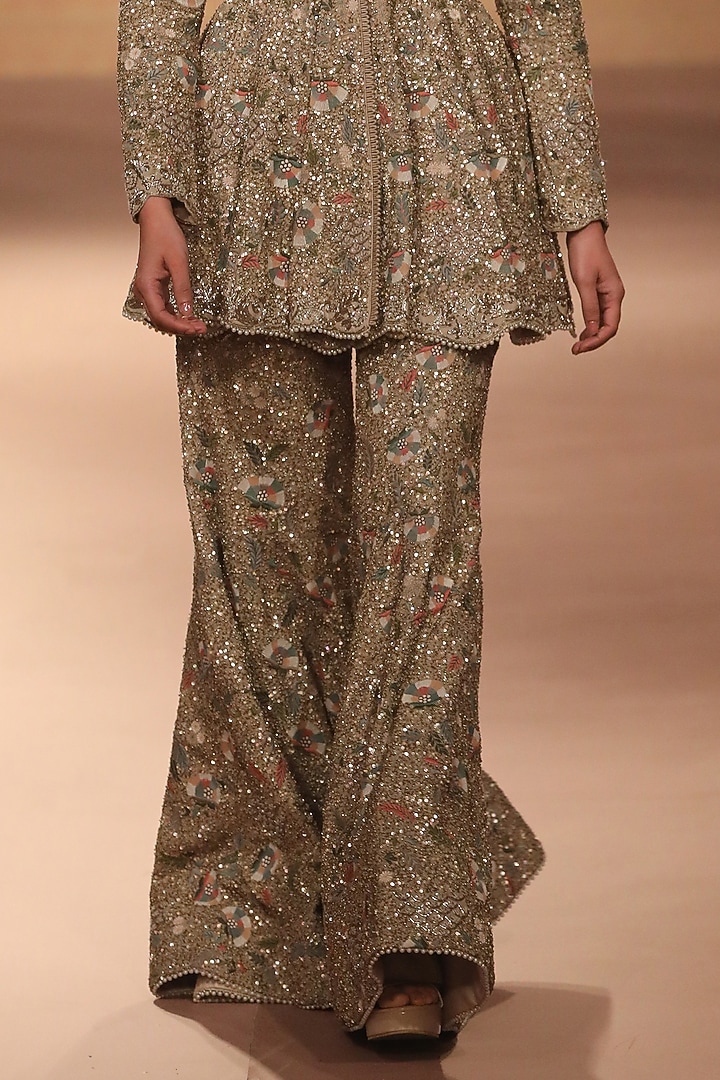 Beige & Gold Georgette Sequins Embroidered Bridal Sharara Set by Jayanti Reddy at Pernia's Pop Up Shop