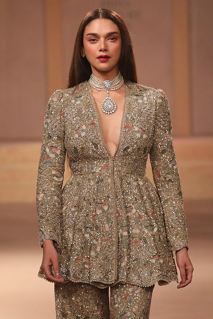 Beige & Gold Georgette Sequins Embroidered Bridal Sharara Set by Jayanti Reddy at Pernia's Pop Up Shop