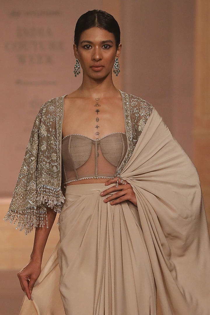 Beige Georgette Pre-Draped Reception Saree Set by Jayanti Reddy at Pernia's Pop Up Shop