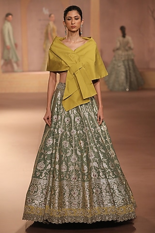 Mint Banarasi Silk Zari Embroidered Lehenga Set by Jayanti Reddy