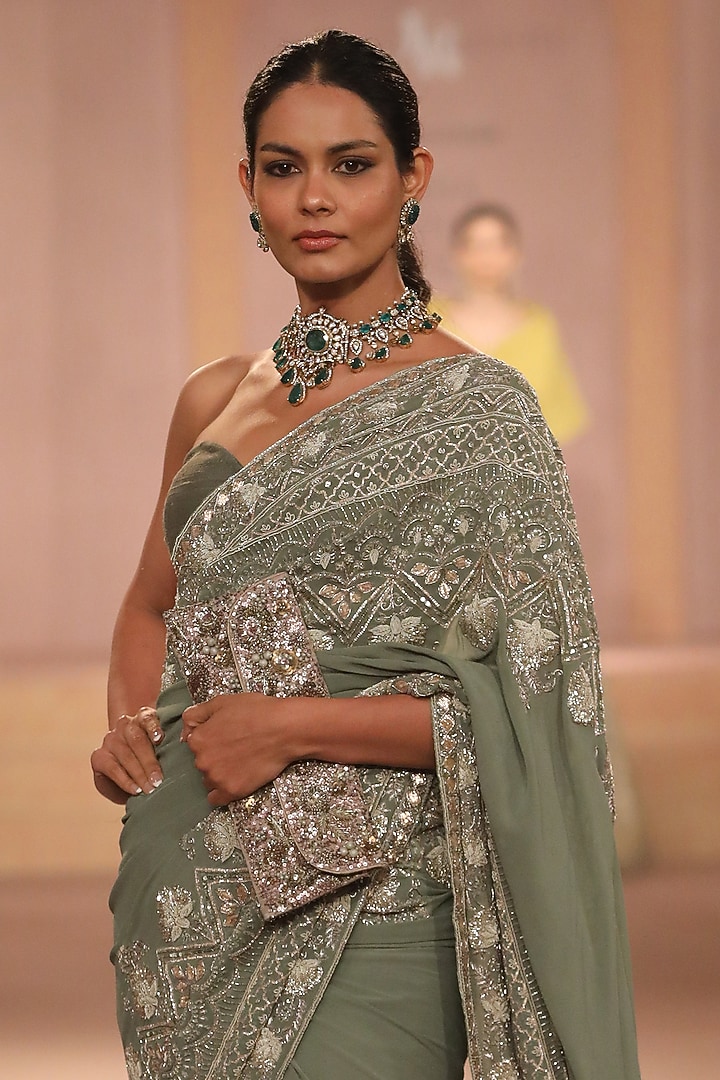 Mint Crepe Gota Embroidered Bridal Saree Set by Jayanti Reddy at Pernia's Pop Up Shop
