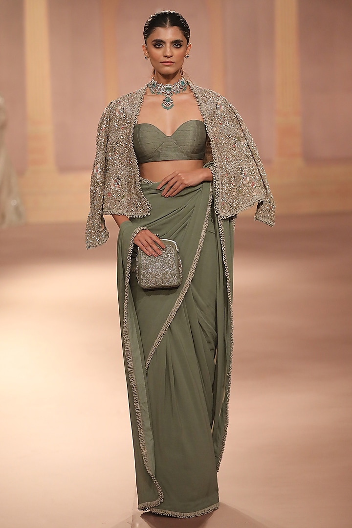 Mint Crepe Sequins Embroidered Jacket Saree Set by Jayanti Reddy at Pernia's Pop Up Shop