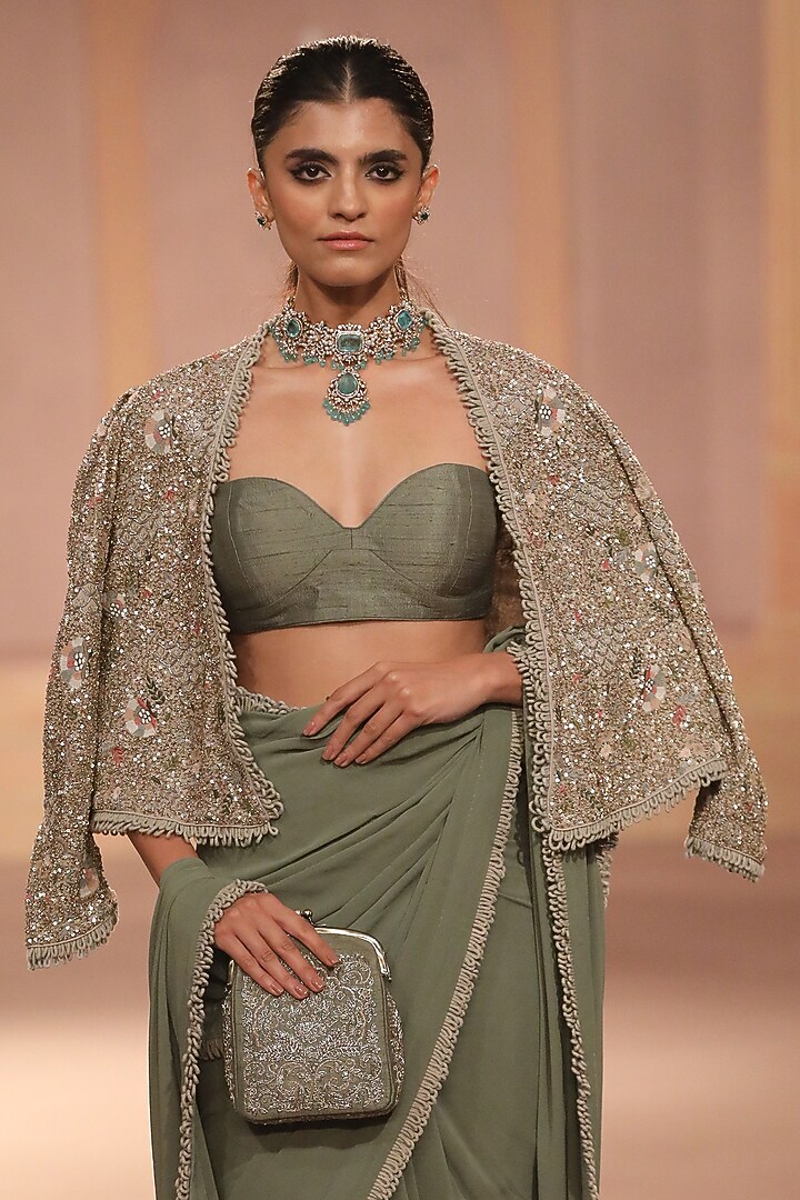 Mint Crepe Sequins Embroidered Jacket Reception Saree Set by Jayanti Reddy at Pernia's Pop Up Shop