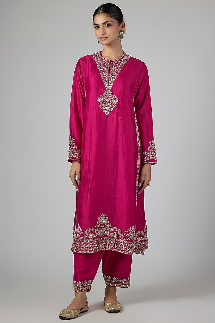 Pink Silk Zardosi Work Kurta Set by Jayanti Reddy at Pernia's Pop Up Shop