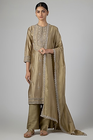 Gold Beige Silk Zardosi Work Kurta Set by Jayanti Reddy