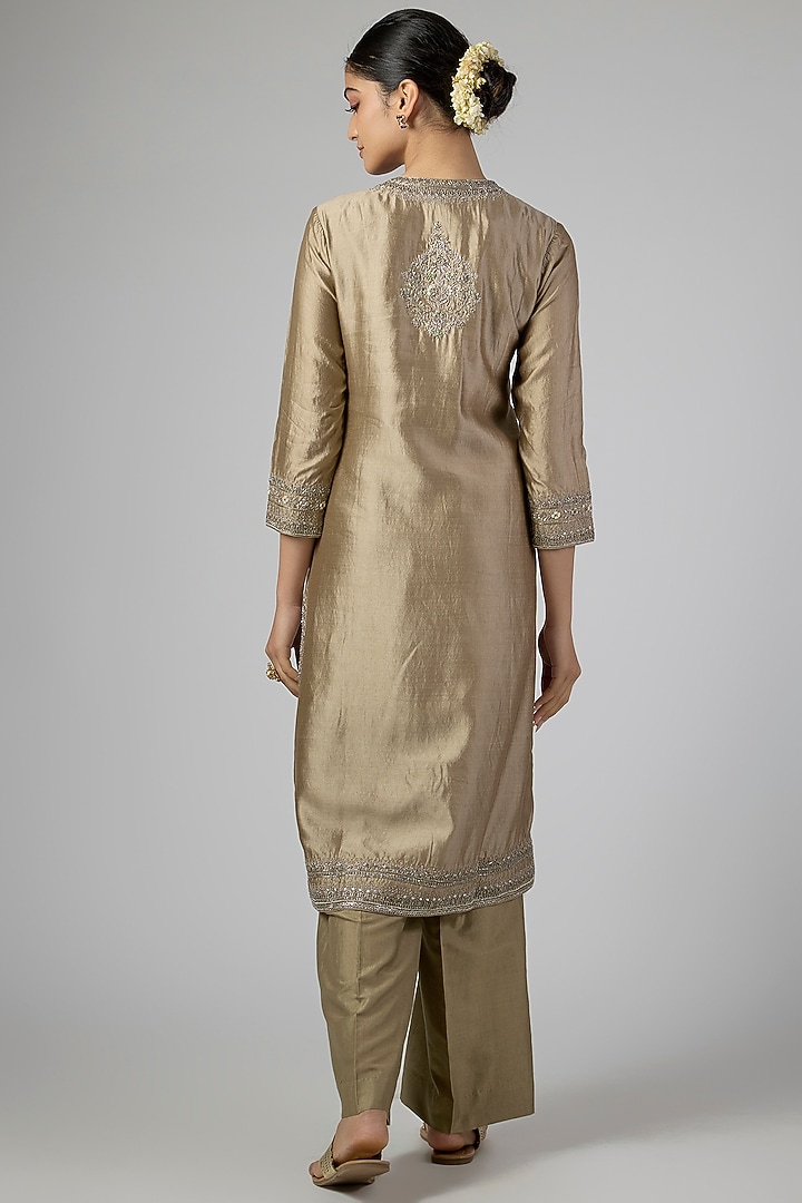 Gold Beige Silk Zardosi Work Kurta Set by Jayanti Reddy at Pernia's Pop Up Shop