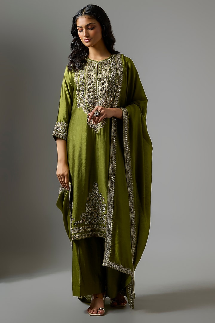 Olive Green Silk Zardosi Work Kurta Set by Jayanti Reddy at Pernia's Pop Up Shop