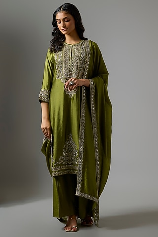 Olive Green Silk Zardosi Work Kurta Set by Jayanti Reddy