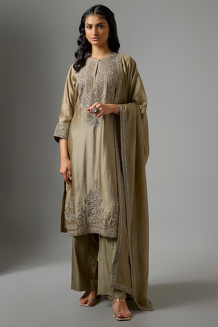 Golden Beige Silk Zardosi Work Kurta Set by Jayanti Reddy at Pernia's Pop Up Shop