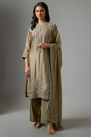 Golden Beige Silk Zardosi Work Kurta Set by Jayanti Reddy