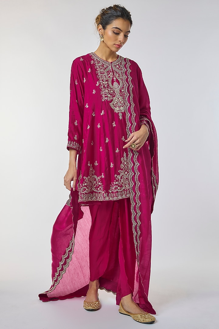 Rani Pink Silk Zardosi Work Tunic Set by Jayanti Reddy at Pernia's Pop Up Shop