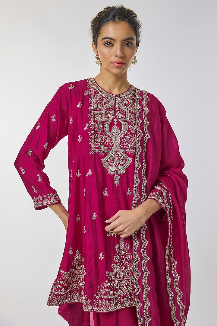 Rani Pink Silk Zardosi Work Tunic Set by Jayanti Reddy at Pernia's Pop Up Shop