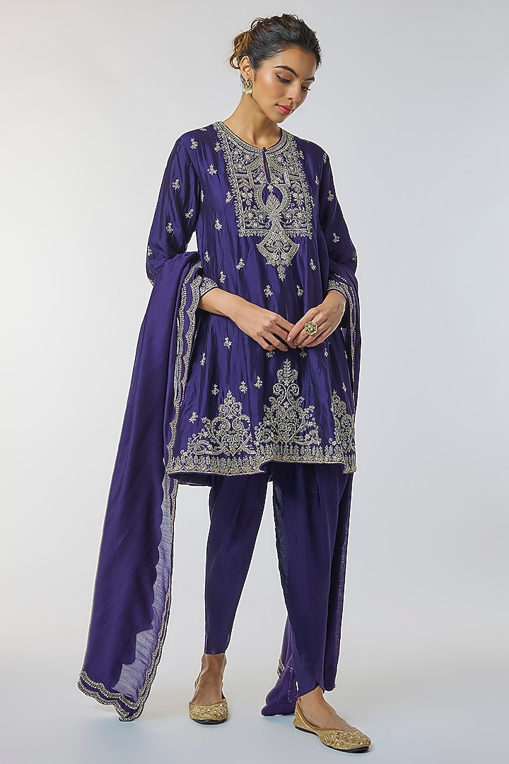Purple Silk Zardosi Work Tunic Set by Jayanti Reddy at Pernia's Pop Up Shop