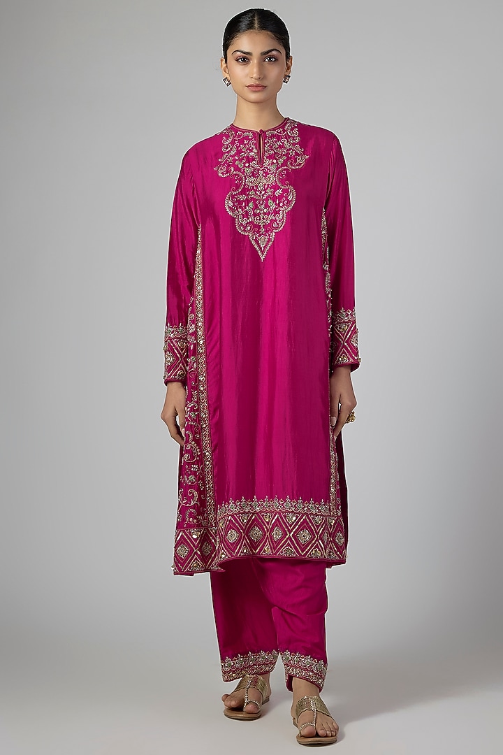Pink Silk Zardosi Work Kurta Set by Jayanti Reddy at Pernia's Pop Up Shop