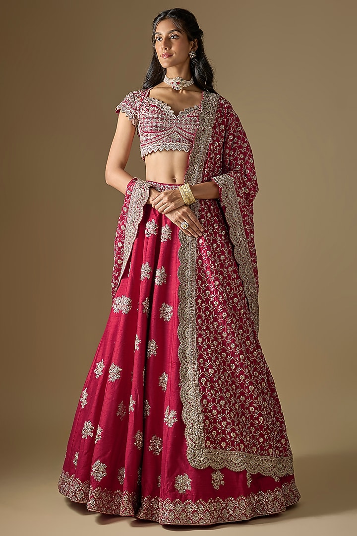 Red Raw Silk Zardosi Embroidered Bridal Lehenga Set by Jayanti Reddy at Pernia's Pop Up Shop